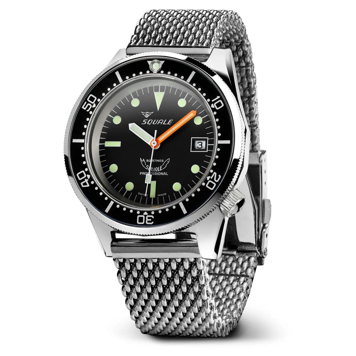 Squale 1521 Diver's Watch Black Dial Polished Case - Mesh Bracelet - LIKE NEW