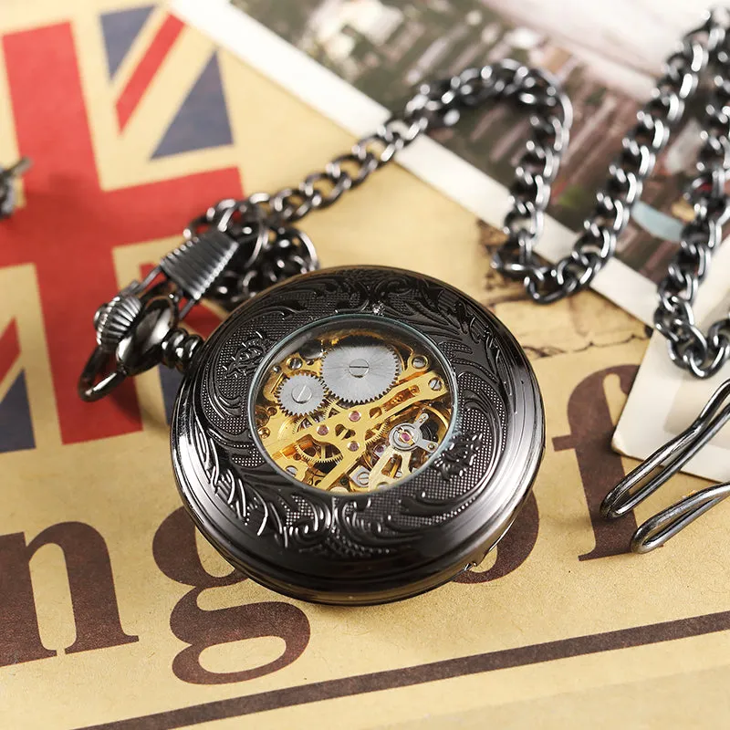 Steampunk Unisex Hollow Skeleton Hand Wind Mechanical Pocket FOB Watch