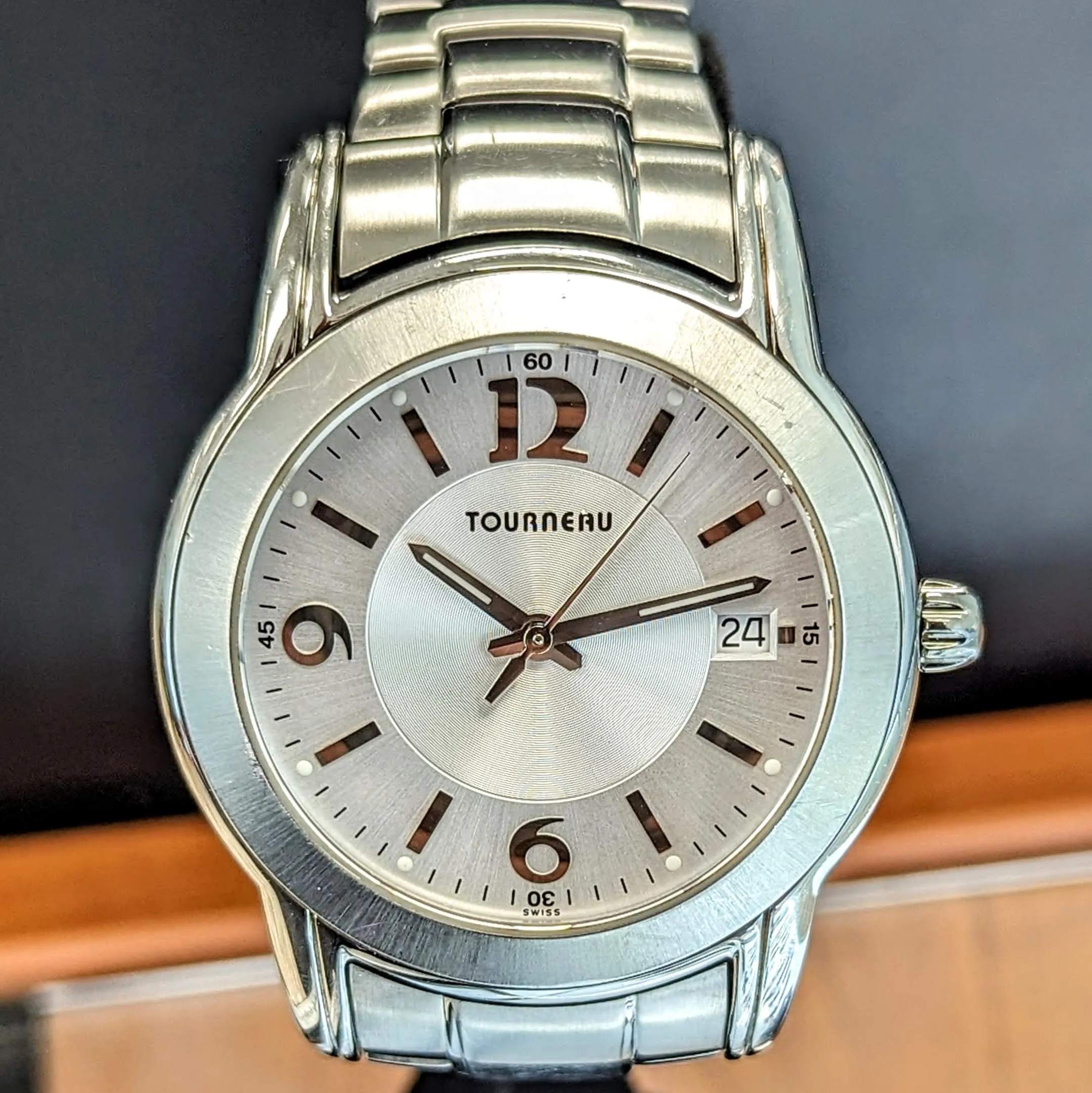 TOURNEAU Swiss Quartz Watch Date Indicator 37mm Wristwatch - All Stainless Steel