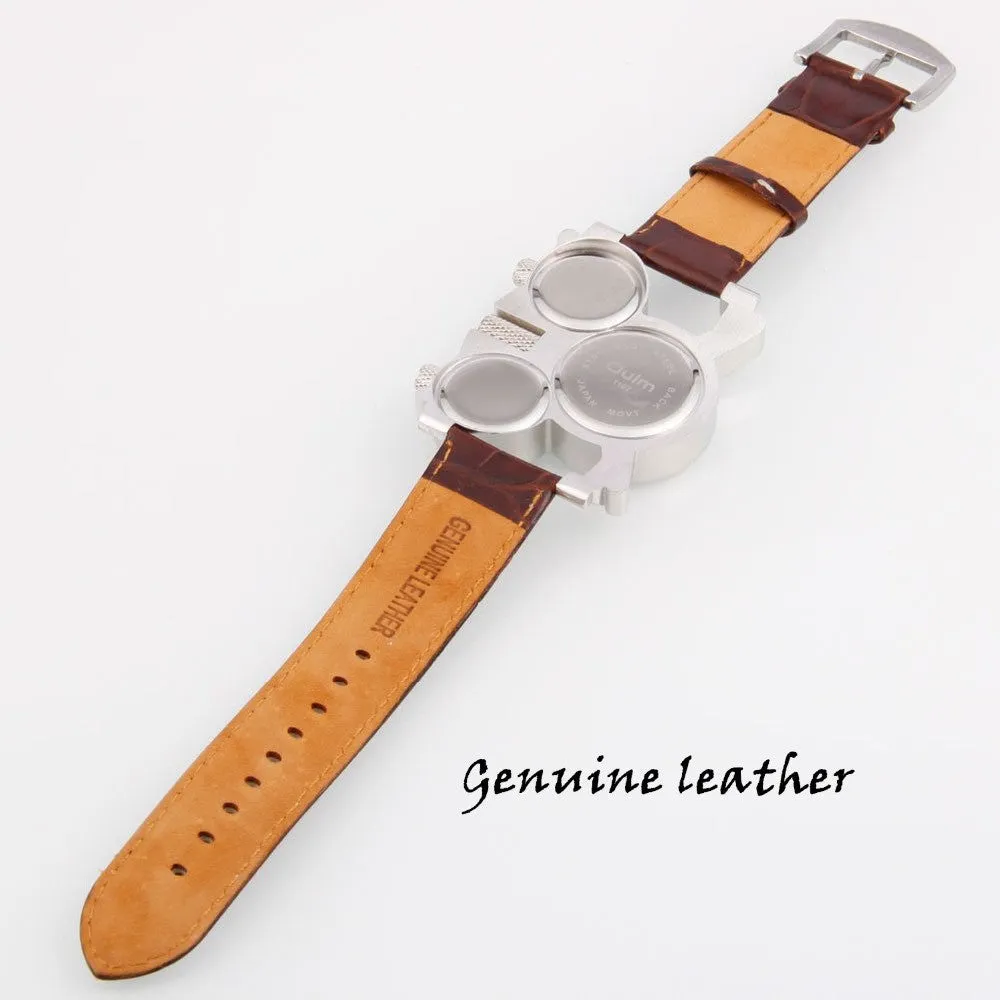 Unique Creative Big Size 5cm Diameter Brand Military Men's Watch with Brown 3 Japan Quartz Movt Dial with Genuine Leather