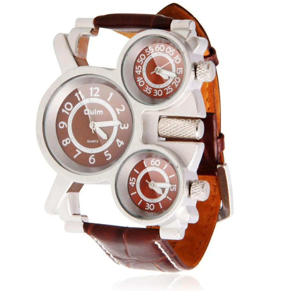 Unique Creative Big Size 5cm Diameter Brand Military Men's Watch with Brown 3 Japan Quartz Movt Dial with Genuine Leather
