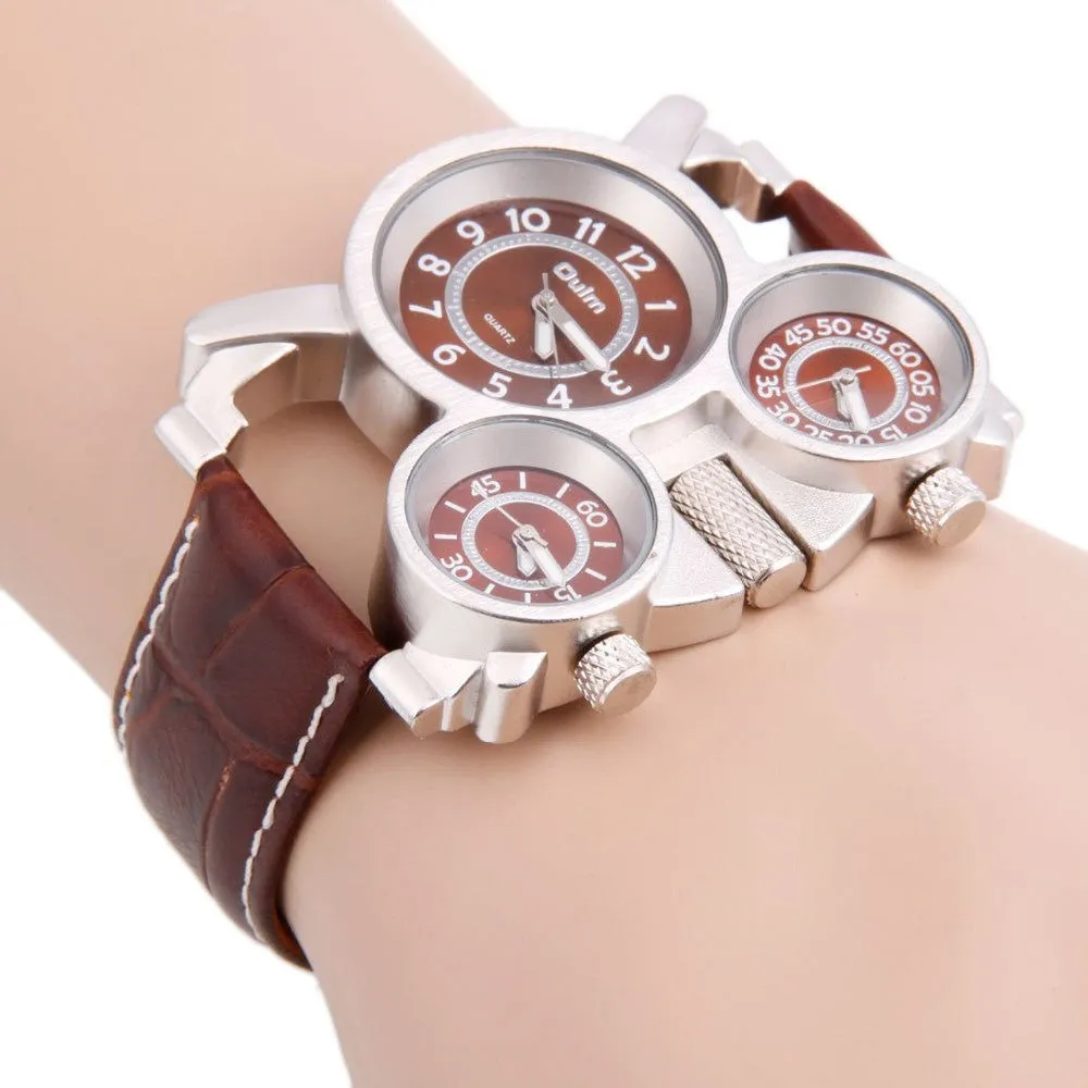 Unique Creative Big Size 5cm Diameter Brand Military Men's Watch with Brown 3 Japan Quartz Movt Dial with Genuine Leather