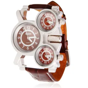 Unique Creative Big Size 5cm Diameter Brand Military Men's Watch with Brown 3 Japan Quartz Movt Dial with Genuine Leather
