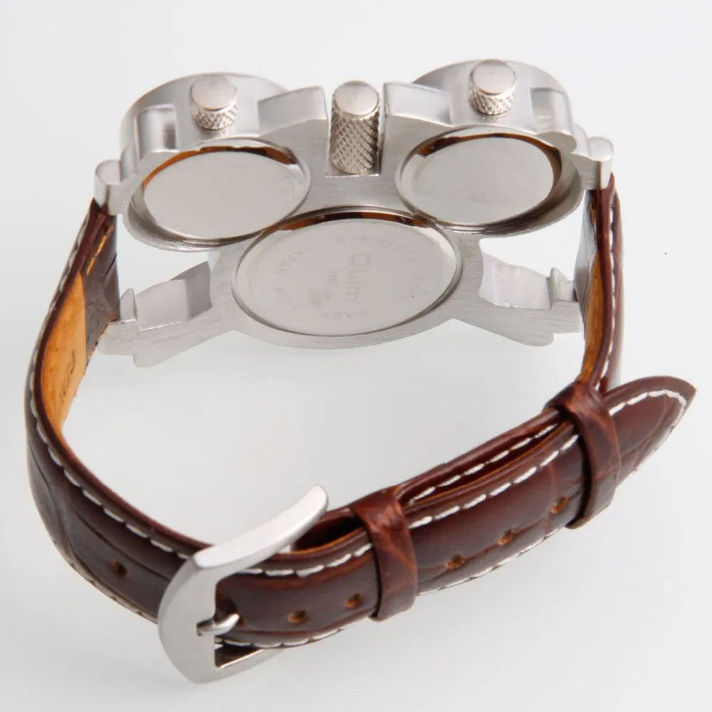 Unique Creative Big Size 5cm Diameter Brand Military Men's Watch with Brown 3 Japan Quartz Movt Dial with Genuine Leather