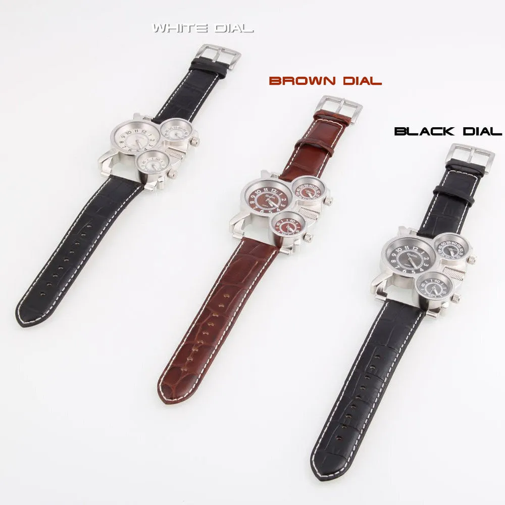Unique Creative Big Size 5cm Diameter Brand Military Men's Watch with Brown 3 Japan Quartz Movt Dial with Genuine Leather