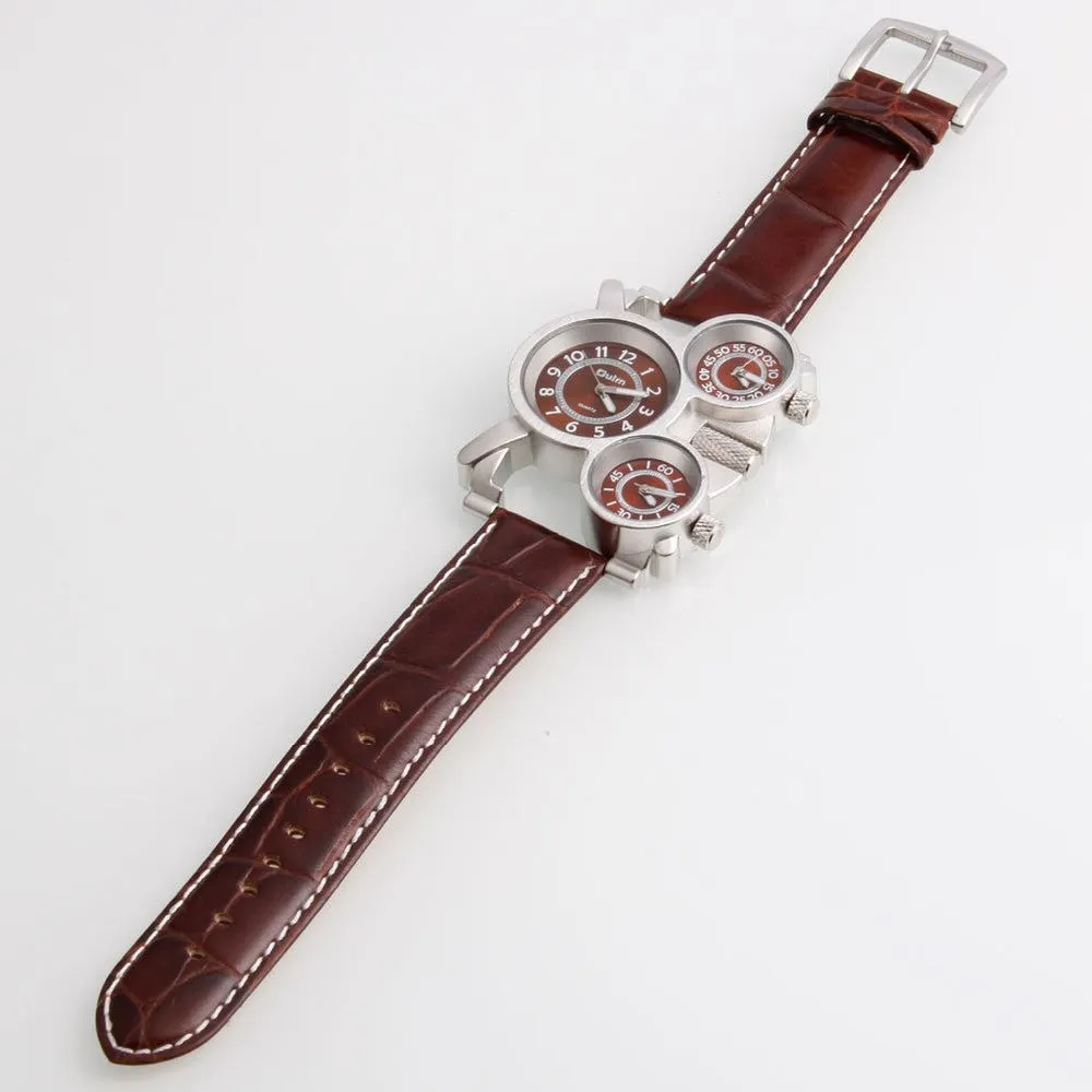 Unique Creative Big Size 5cm Diameter Brand Military Men's Watch with Brown 3 Japan Quartz Movt Dial with Genuine Leather