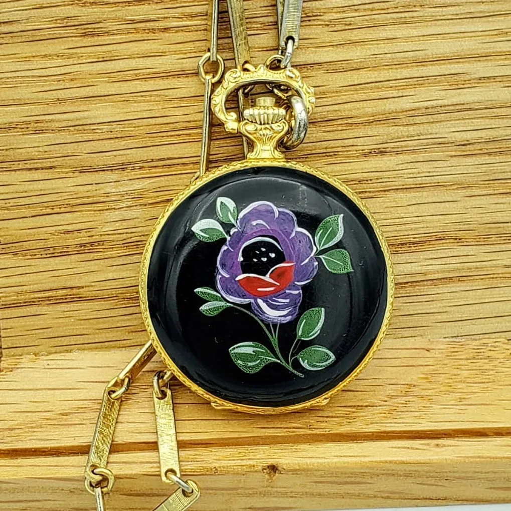 Vintage SHEFFIELD Ladies Pocket Watch Swiss Caliber EB 8800 Floral Enamel Case