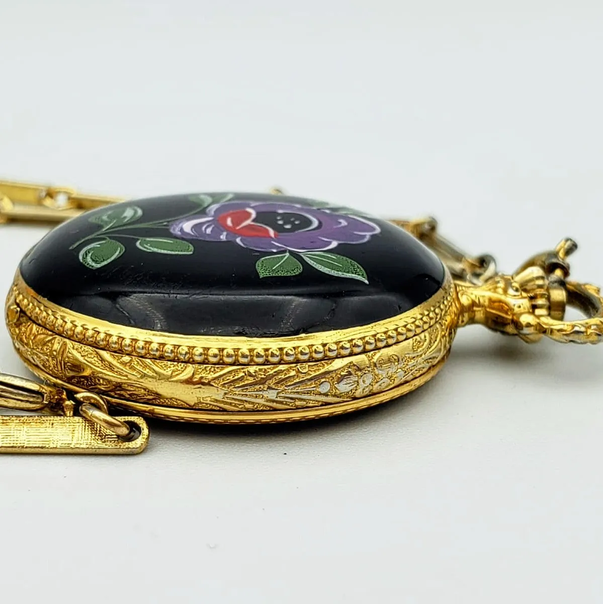 Vintage SHEFFIELD Ladies Pocket Watch Swiss Caliber EB 8800 Floral Enamel Case