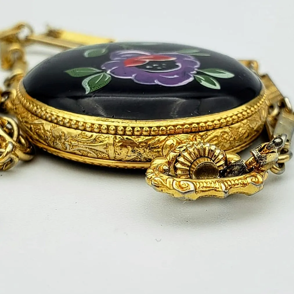Vintage SHEFFIELD Ladies Pocket Watch Swiss Caliber EB 8800 Floral Enamel Case
