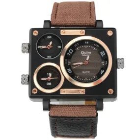 Vogue Men's Collection Black Rectangle Case Three Quartz Time Zones Military Canvas Fabric and Leather Band Sports Wrist Watches