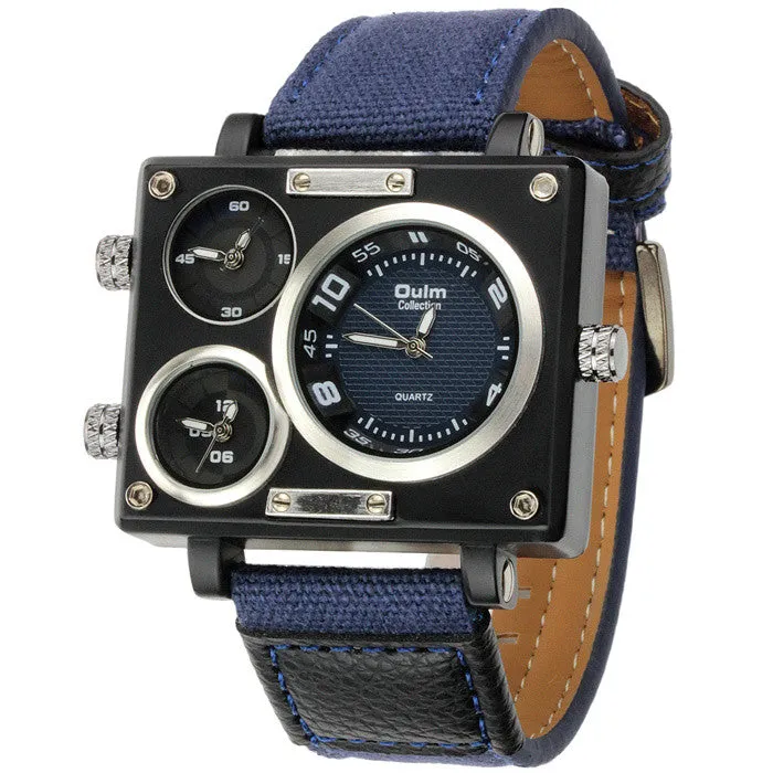 Vogue Men's Collection Black Rectangle Case Three Quartz Time Zones Military Canvas Fabric and Leather Band Sports Wrist Watches
