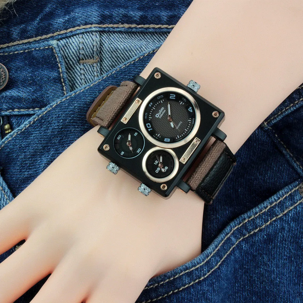 Vogue Men's Collection Black Rectangle Case Three Quartz Time Zones Military Canvas Fabric and Leather Band Sports Wrist Watches
