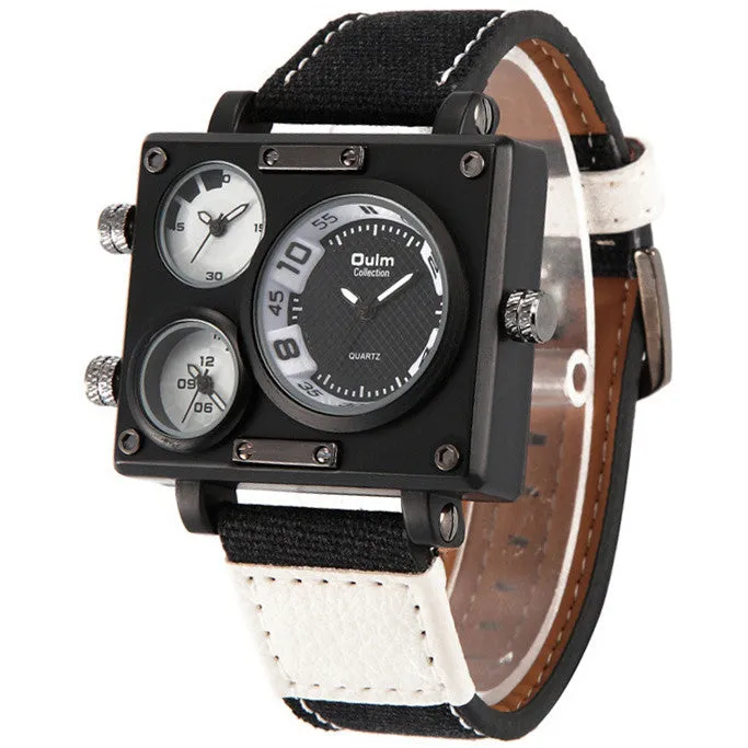 Vogue Men's Collection Black Rectangle Case Three Quartz Time Zones Military Canvas Fabric and Leather Band Sports Wrist Watches