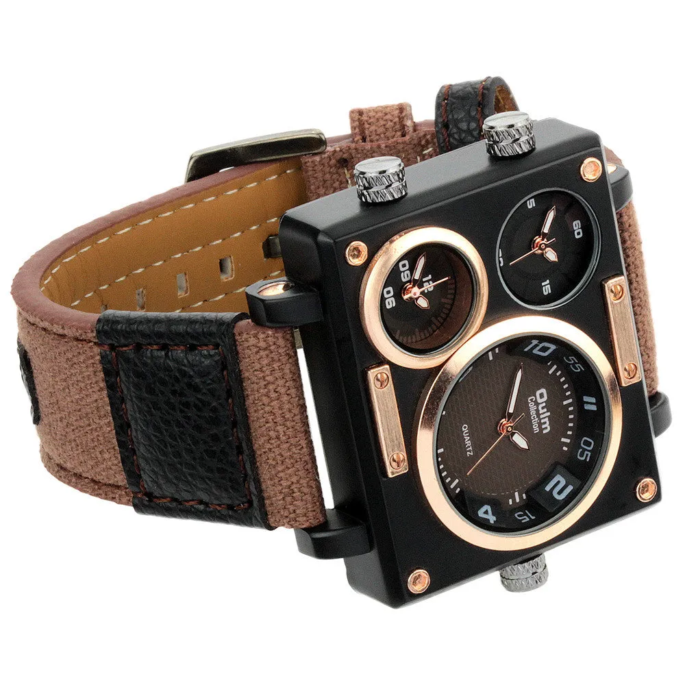 Vogue Men's Collection Black Rectangle Case Three Quartz Time Zones Military Canvas Fabric and Leather Band Sports Wrist Watches