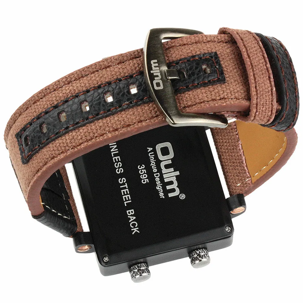 Vogue Men's Collection Black Rectangle Case Three Quartz Time Zones Military Canvas Fabric and Leather Band Sports Wrist Watches
