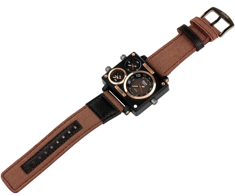 Vogue Men's Collection Black Rectangle Case Three Quartz Time Zones Military Canvas Fabric and Leather Band Sports Wrist Watches