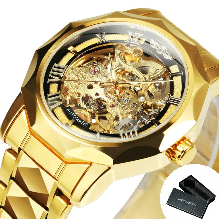 WINNER Luxury Skeleton Mechanical Dodecagon Case Engraved Movement Watch 527G