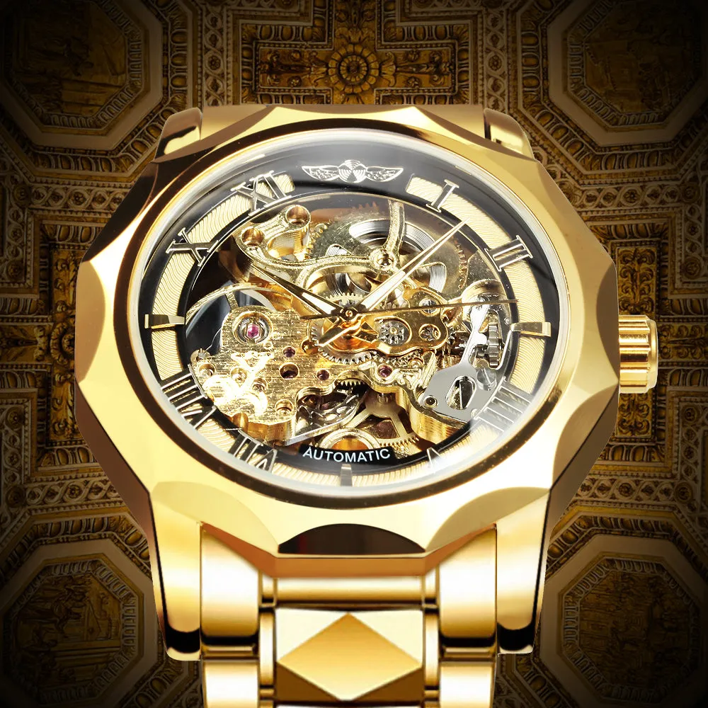 WINNER Luxury Skeleton Mechanical Dodecagon Case Engraved Movement Watch 527G
