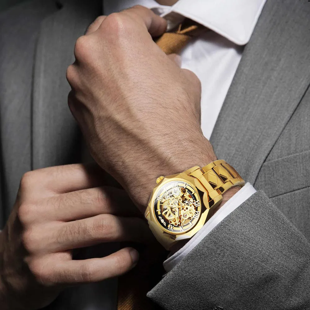 WINNER Luxury Skeleton Mechanical Dodecagon Case Engraved Movement Watch 527G