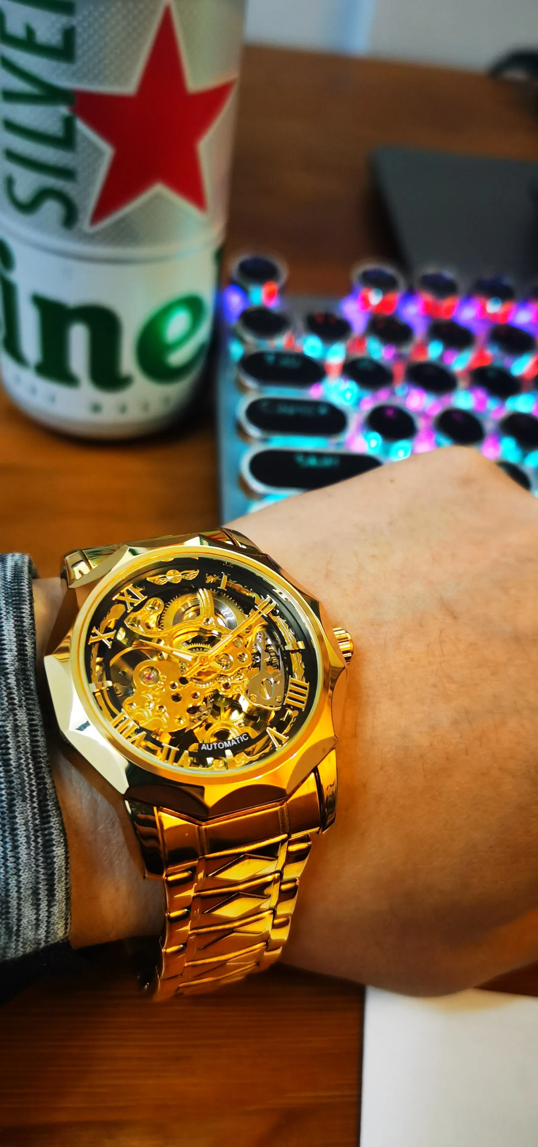 WINNER Luxury Skeleton Mechanical Dodecagon Case Engraved Movement Watch 527G