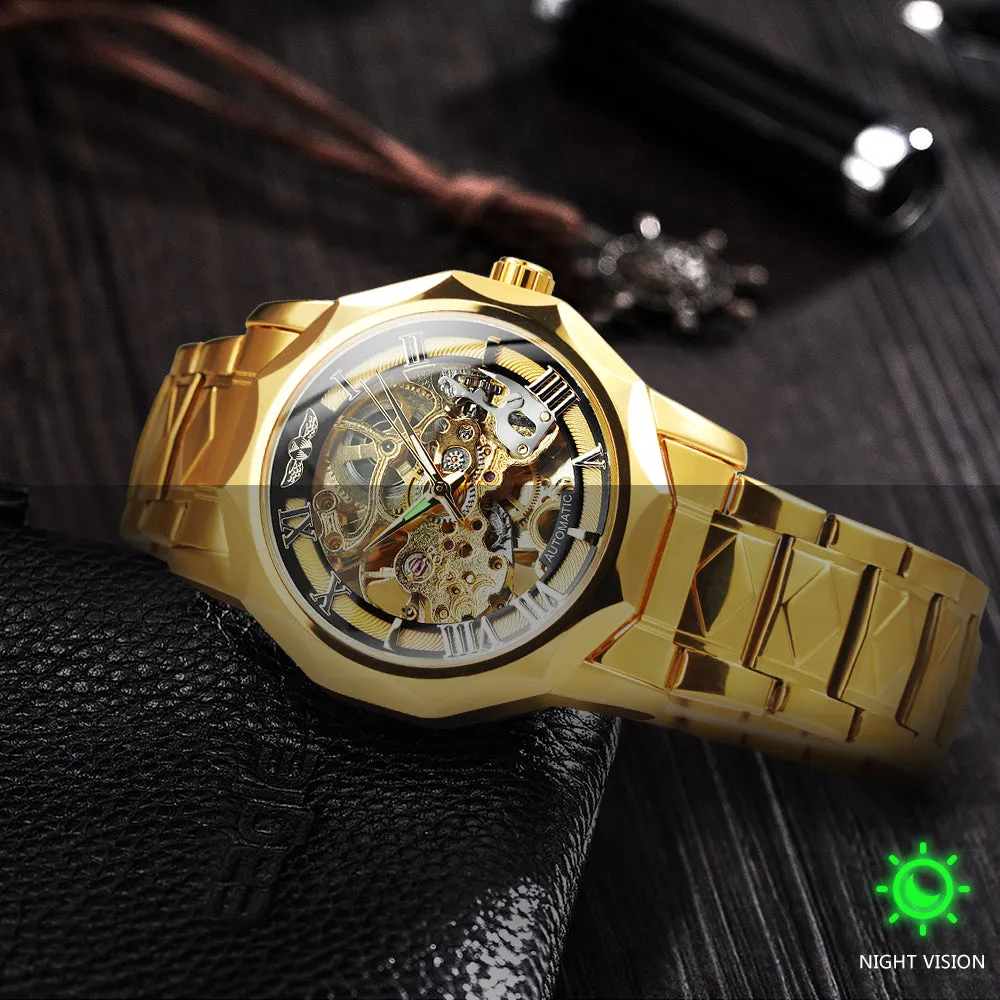 WINNER Luxury Skeleton Mechanical Dodecagon Case Engraved Movement Watch 527G