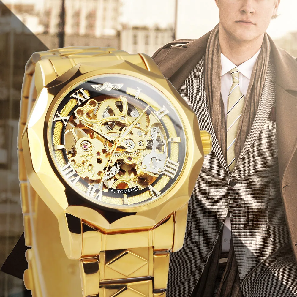 WINNER Luxury Skeleton Mechanical Dodecagon Case Engraved Movement Watch 527G