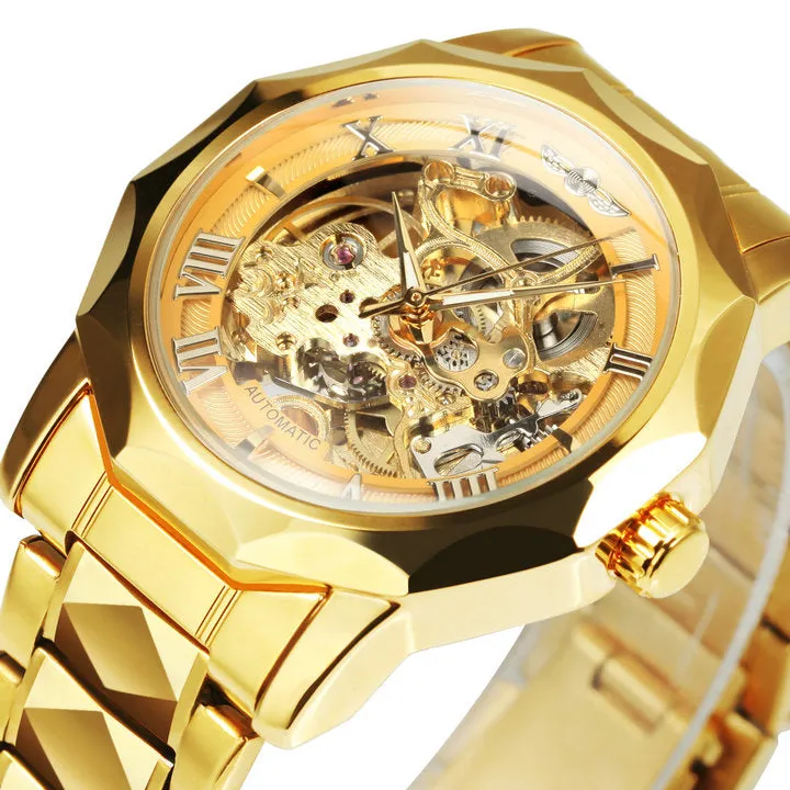 WINNER Luxury Skeleton Mechanical Dodecagon Case Engraved Movement Watch 527G