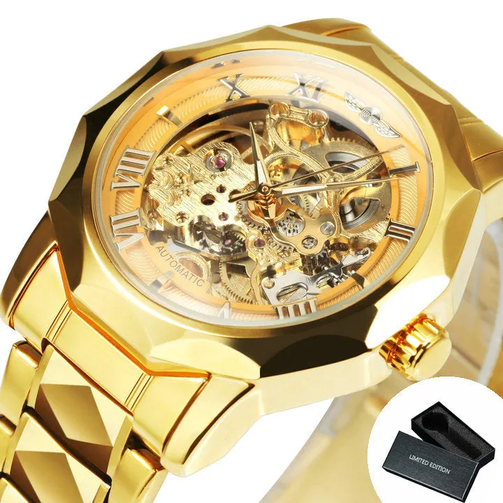 WINNER Luxury Skeleton Mechanical Dodecagon Case Engraved Movement Watch 527G