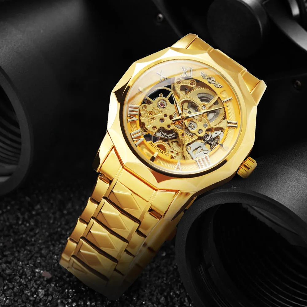 WINNER Luxury Skeleton Mechanical Dodecagon Case Engraved Movement Watch 527G