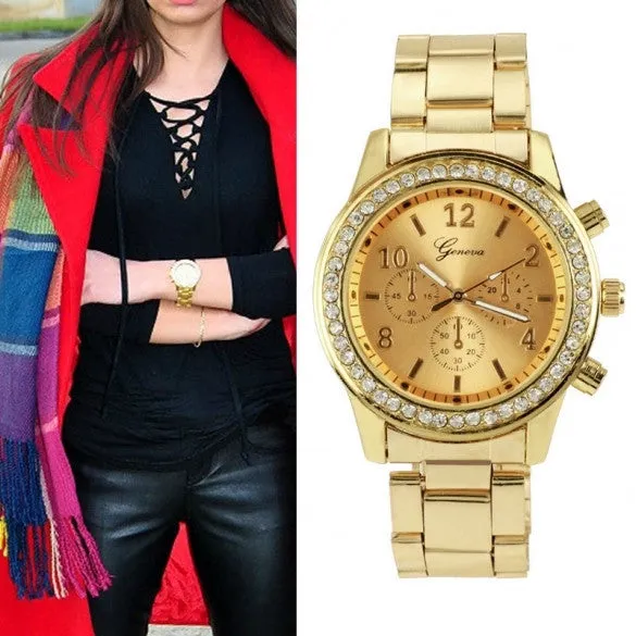 Women Ladies Chronograph Wristwatch Stainless Steel Analog Quartz Wrist Watch 4 Colors