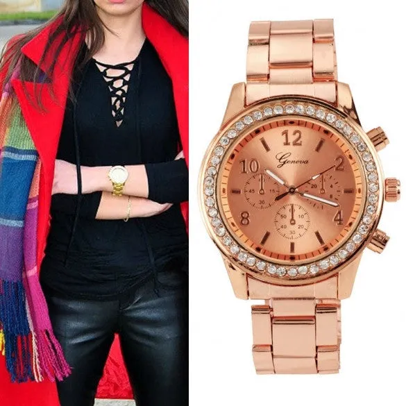 Women Ladies Chronograph Wristwatch Stainless Steel Analog Quartz Wrist Watch 4 Colors