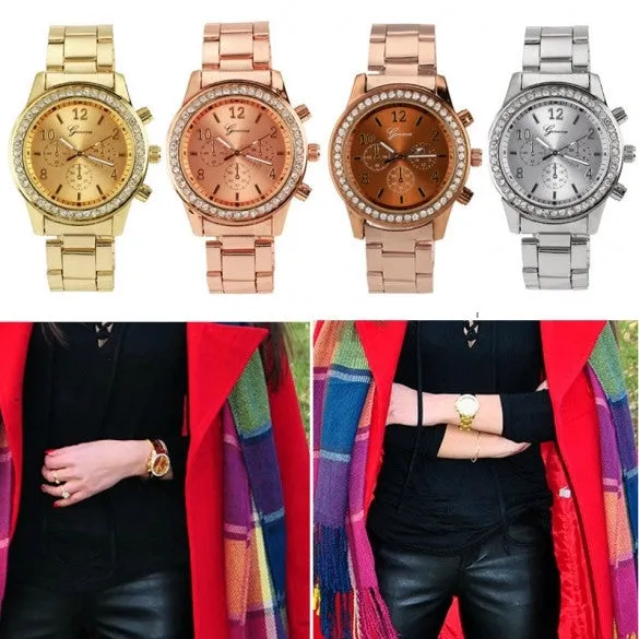 Women Ladies Chronograph Wristwatch Stainless Steel Analog Quartz Wrist Watch 4 Colors