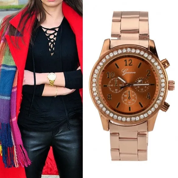 Women Ladies Chronograph Wristwatch Stainless Steel Analog Quartz Wrist Watch 4 Colors