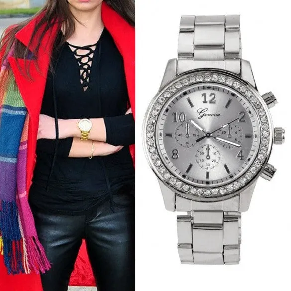 Women Ladies Chronograph Wristwatch Stainless Steel Analog Quartz Wrist Watch 4 Colors