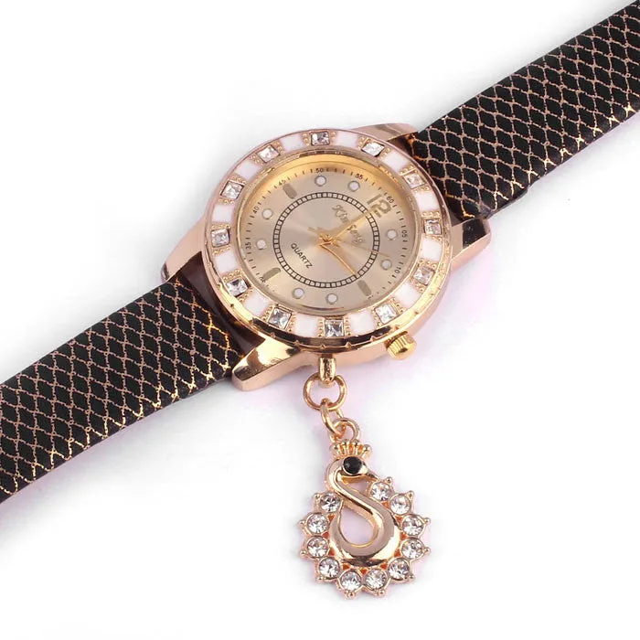 Women Vogue Dress Watches Swan Pendant Rhinestone Clocks Ladies Wristwatch