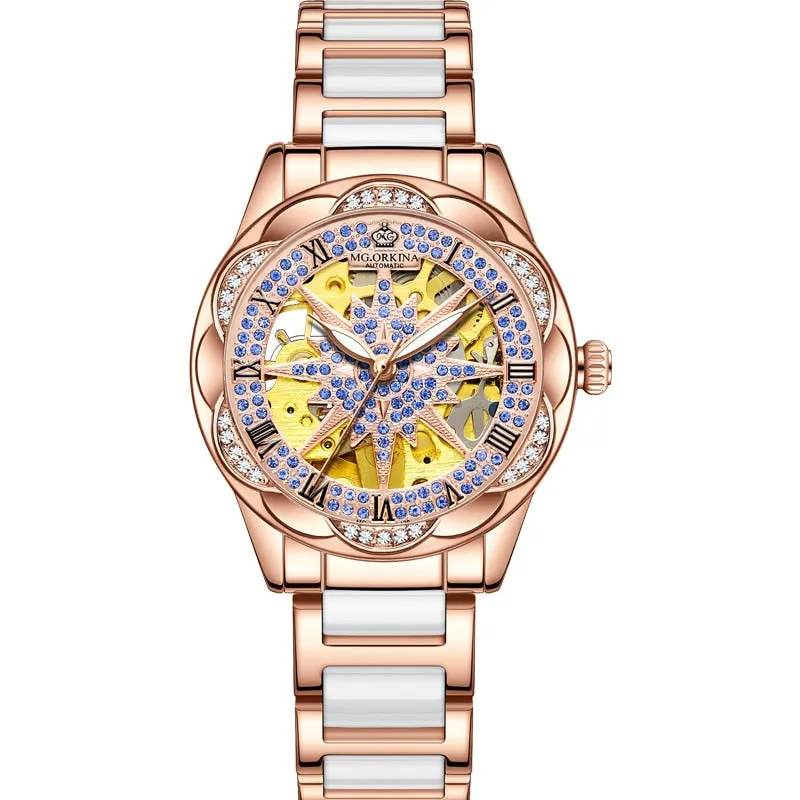 Women's Hollow Stainless Steel Mechanical Automatic Self-wind Watch