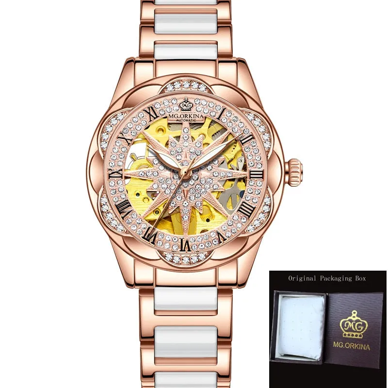 Women's Hollow Stainless Steel Mechanical Automatic Self-wind Watch