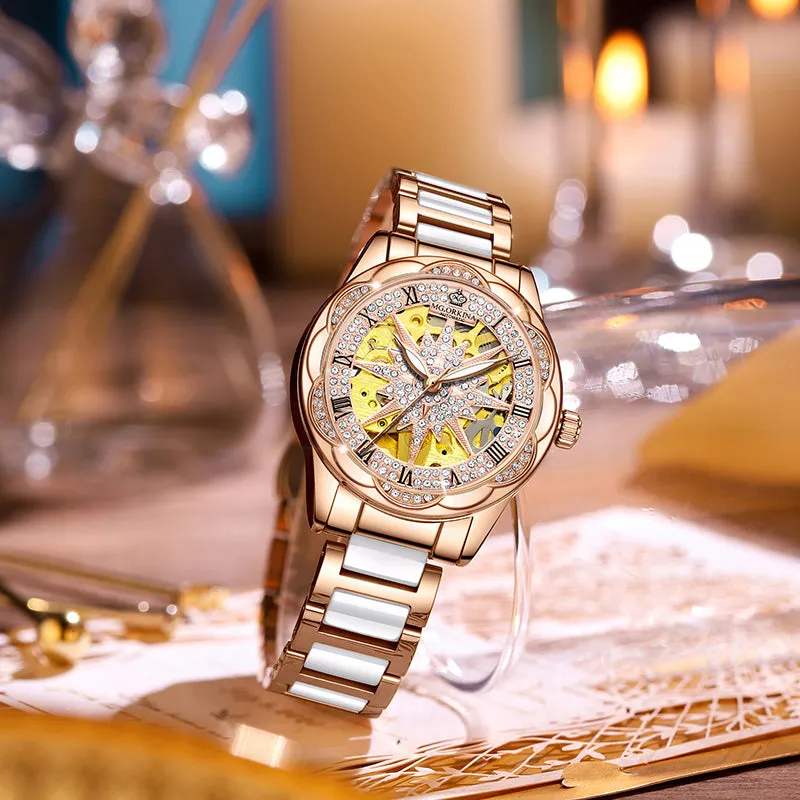 Women's Hollow Stainless Steel Mechanical Automatic Self-wind Watch