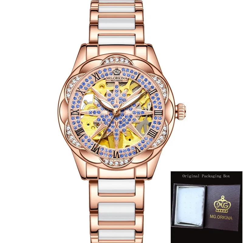 Women's Hollow Stainless Steel Mechanical Automatic Self-wind Watch