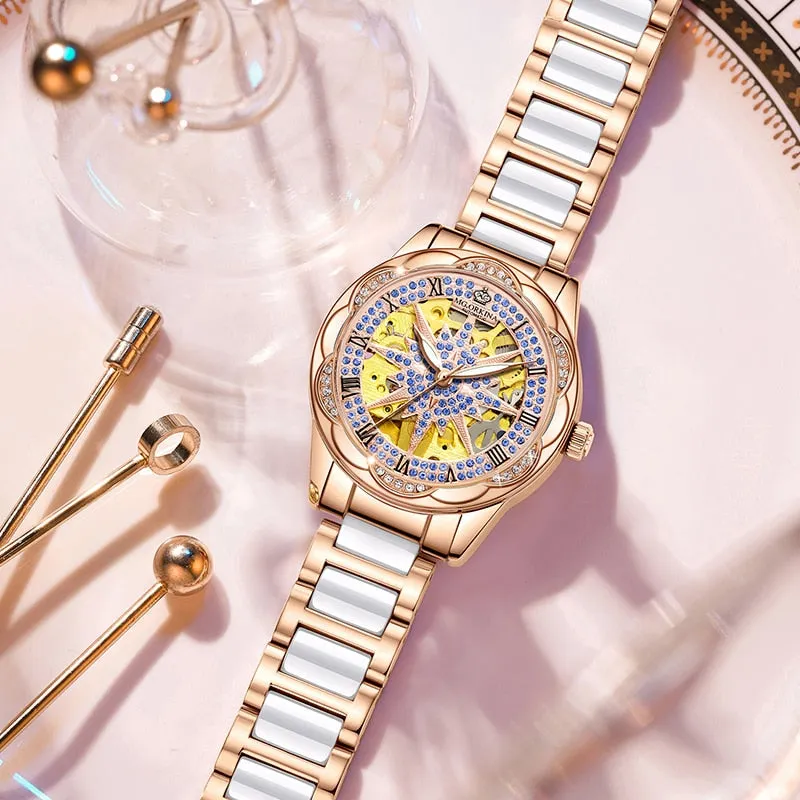 Women's Hollow Stainless Steel Mechanical Automatic Self-wind Watch