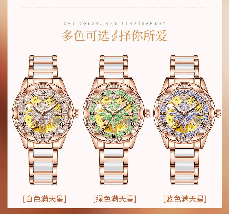 Women's Hollow Stainless Steel Mechanical Automatic Self-wind Watch
