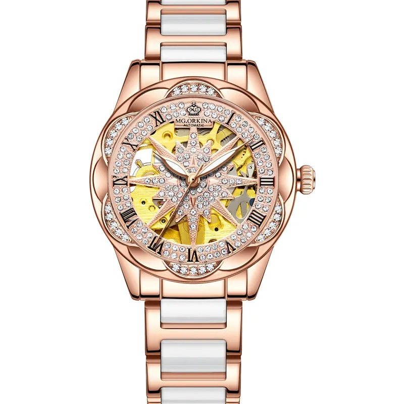 Women's Hollow Stainless Steel Mechanical Automatic Self-wind Watch