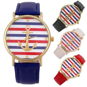 Women's Men's Multi-Color Striped Anchor Faux Leather Analog Quartz Wrist Watch