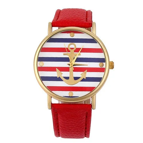 Women's Men's Multi-Color Striped Anchor Faux Leather Analog Quartz Wrist Watch