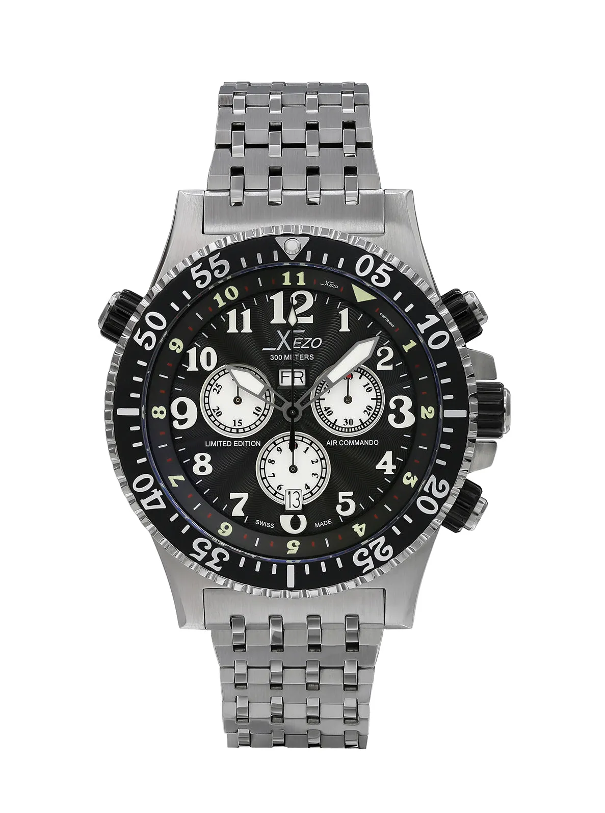 Xezo Air Commando 300-Meter Water Resistant Swiss-Made Chronograph Men's Watch With Second Time Zone (Air Commando D45-GS)