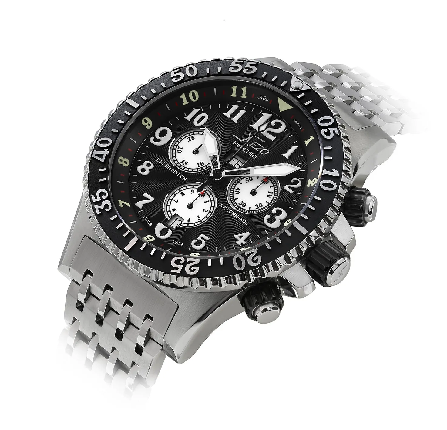 Xezo Air Commando 300-Meter Water Resistant Swiss-Made Chronograph Men's Watch With Second Time Zone (Air Commando D45-GS)